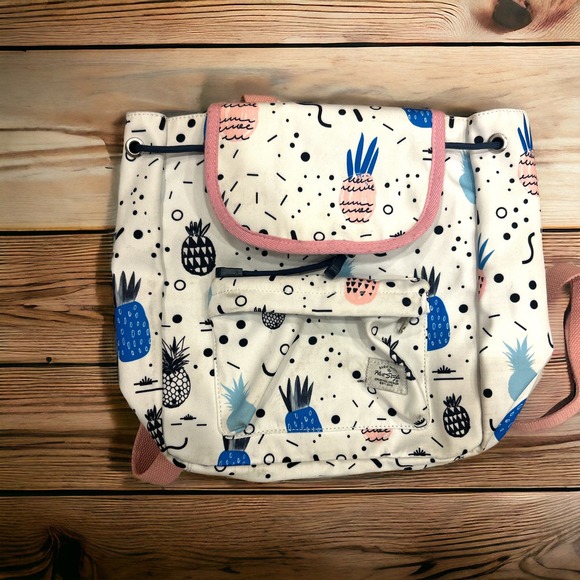 HotStyle Drawstring Mini Backpack White w/Cute Pineapples 3 Zipper Pockets - Picture 1 of 7